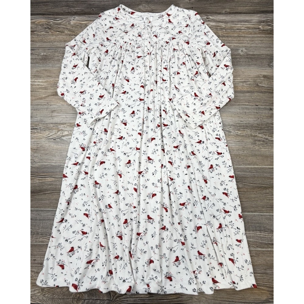 Aria Sleepwear Nightgown Velour White With Red Cardinal Pockets 2XL Warm Cozy